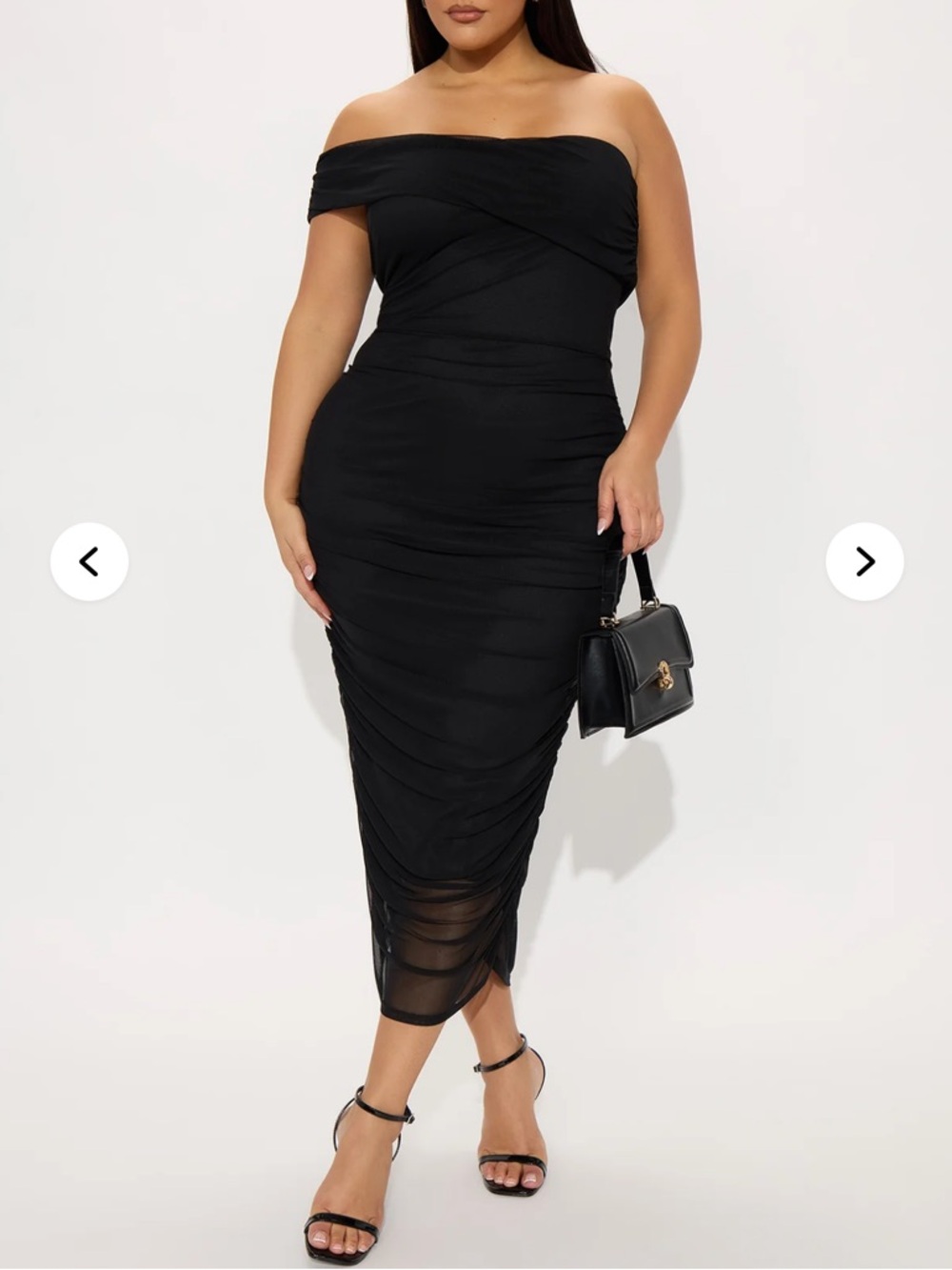 Off-Shoulder Black Ruched Midi Dress
